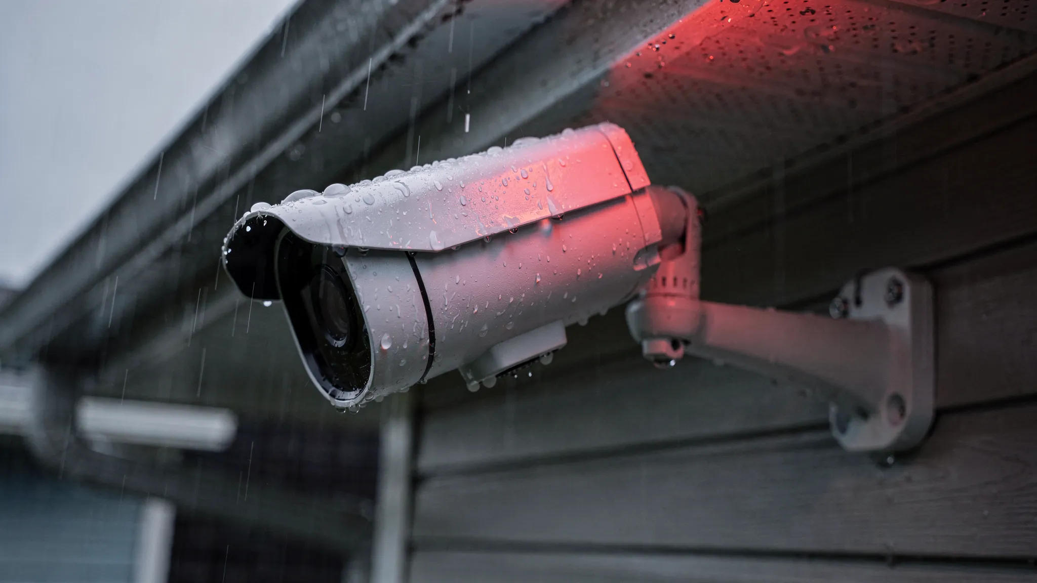 A close-up of an outdoor security camera mounted under a house eave in rainy weather, with visible water droplets and a clear view of the camera housing and mounting bracket; a faint infrared illumination is suggested in the scene.