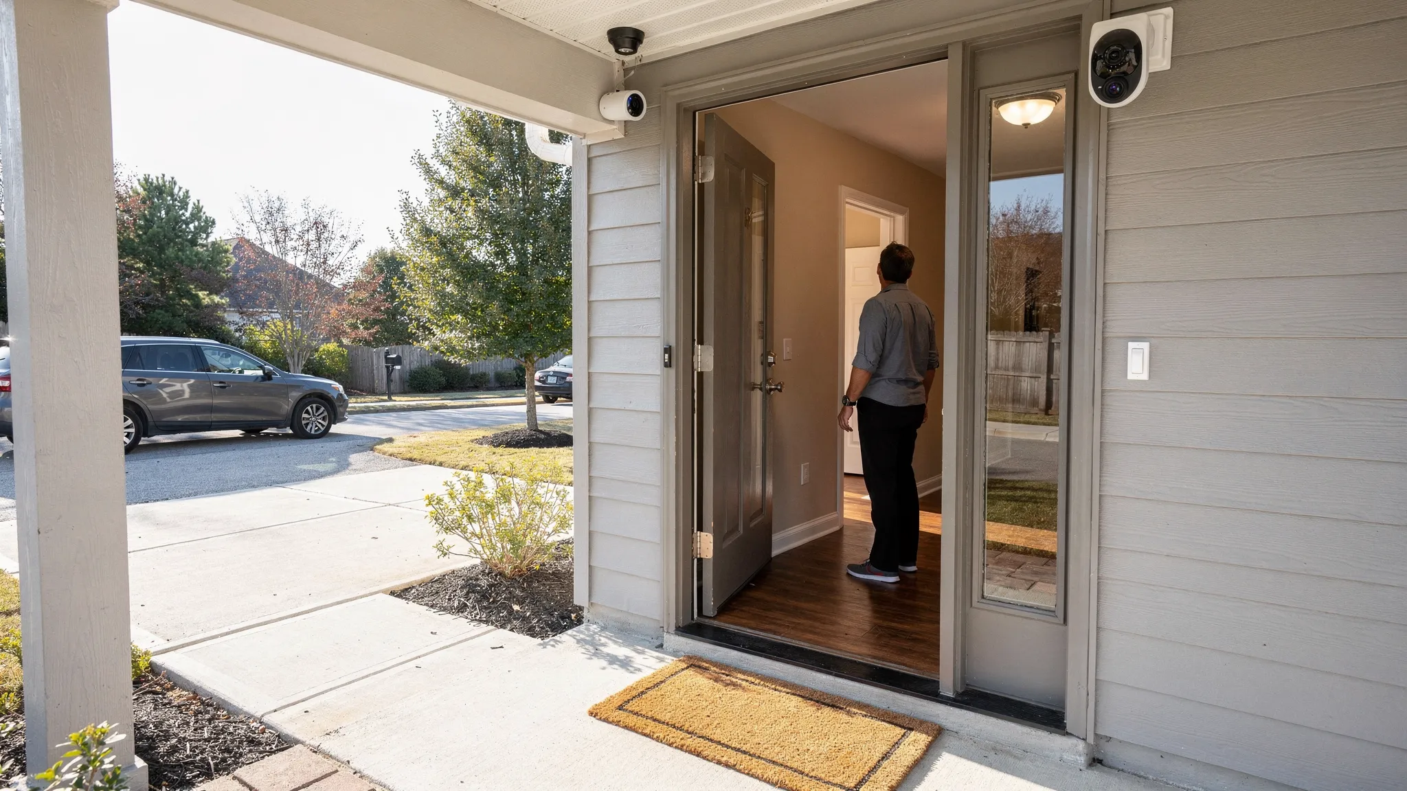 A homeowner standing at an open front door while a security camera mounted above the porch captures the entry area; the scene shows a clear view of the doorstep, driveway, and a second indoor camera covering the hallway.