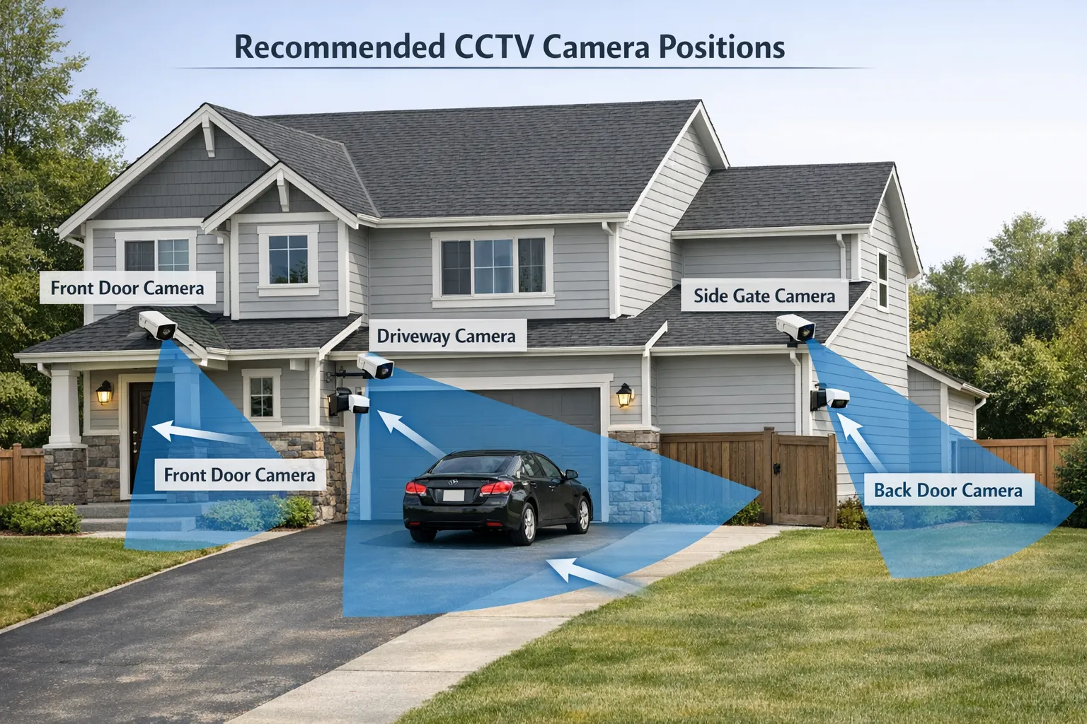 A simple home exterior diagram showing recommended CCTV camera positions at the front door, driveway, side gate, and back door, with arrows indicating viewing angles and shaded coverage zones.