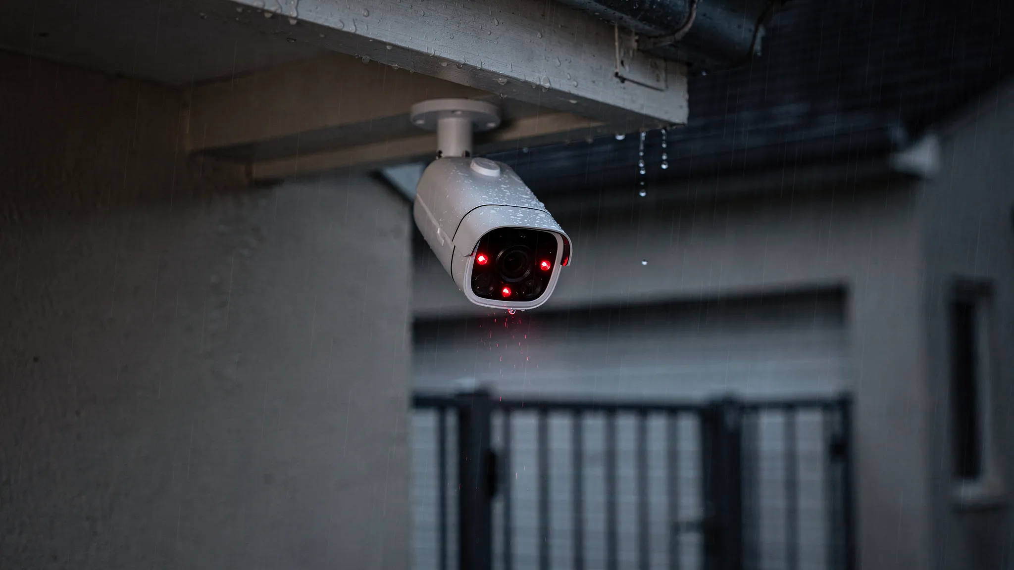 An outdoor home security camera mounted under a house eave at night during light rain, with subtle infrared illumination visible in the scene and a driveway gate in the background.